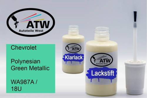 Chevrolet, Polynesian Green Metallic, WA987A / 18U: 20ml Lackstift + 20ml Klarlack - Set, von ATW Autoteile West.